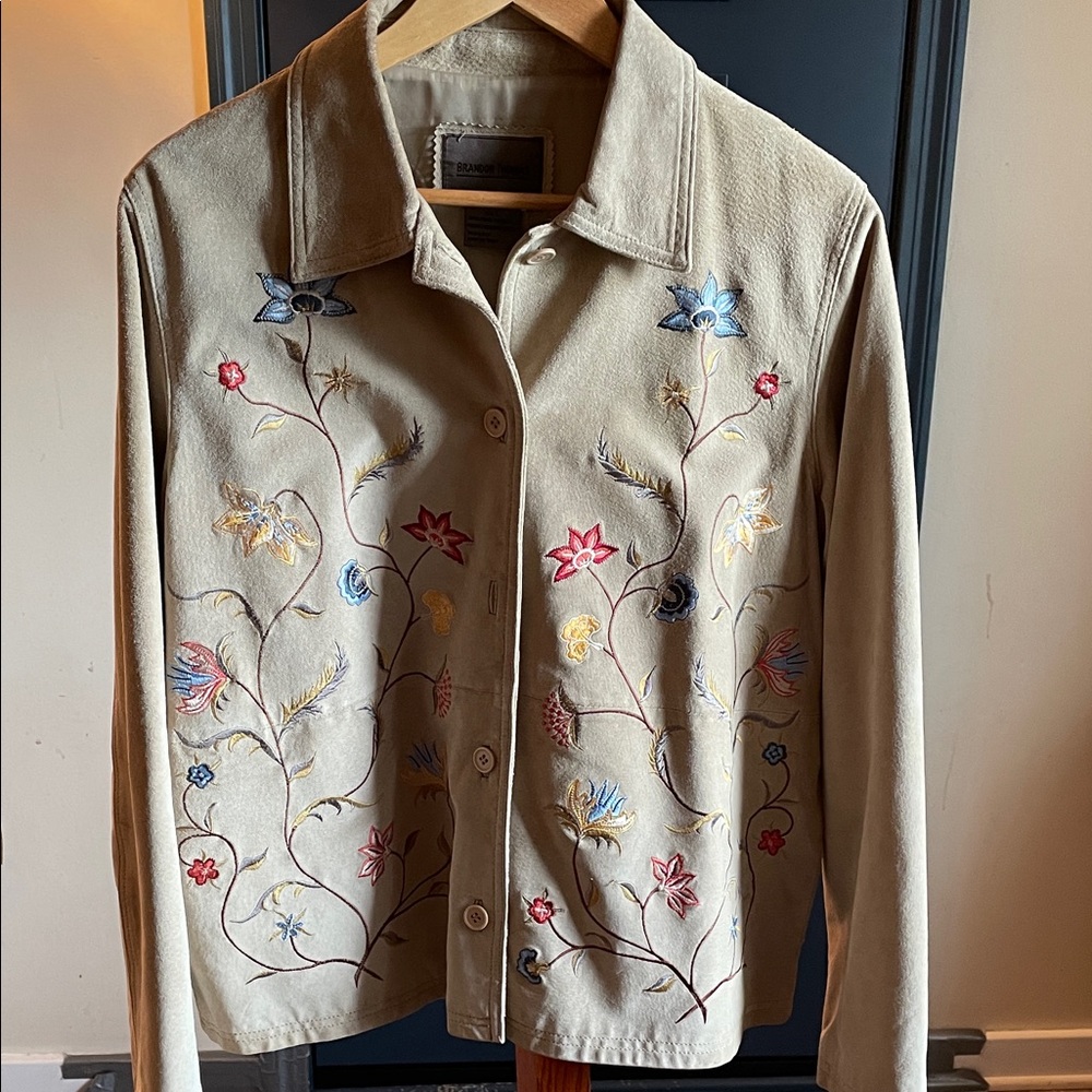 Brandon Thomas Tan Genuine Leather Suede Women’s L Jacket Embroidered FloralVine